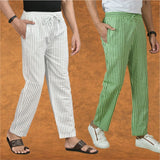 Combo of 2 Men White Olive Green Cotton Handloom Stripe Pant-15090