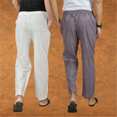 Combo of 2 Men White Purple Cotton Handloom Stripe Pant-15105