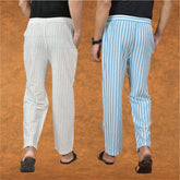 Combo of 2 Men White Sky Blue Cotton Handloom Stripe Pant-15070