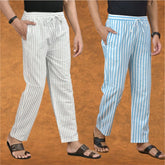 Combo of 2 Men White Sky Blue Cotton Handloom Stripe Pant-15070