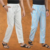 Combo of 2 Men White Sky Blue Cotton Handloom Stripe Pant-15070