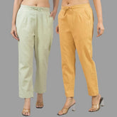 Combo of 2 Mint Green and Beige Cotton Flax Women Trouser Pants-11340
