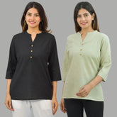 Combo of 2 Mint Green and Black Cotton Flax Women Top