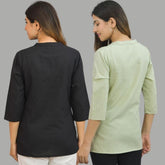 Combo of 2 Mint Green and Black Cotton Flax Women Top