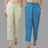 Combo of 2 Mint Green and Blue Cotton Flax Women Trouser Pants-11352