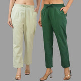 Combo of 2 Mint Green and Bottle Green Cotton Flax Women Trouser Pants-11341