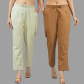 Combo of 2 Mint Green and Brown Cotton Flax Women Trouser Pants-11342
