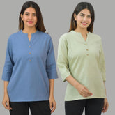 Combo of 2 Mint Green and Denim Blue Cotton Flax Women Top