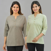 Combo of 2 Mint Green and Gray Cotton Flax Women Top