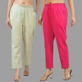 Combo of 2 Mint Green and Magenta Pink Cotton Flax Women Trouser Pants-11346
