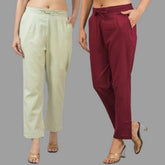 Combo of 2 Mint Green and Maroon Cotton Flax Women Trouser Pants-11345