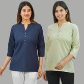 Combo of 2 Mint Green and Navy Blue Cotton Flax Women Top