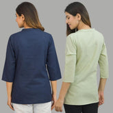 Combo of 2 Mint Green and Navy Blue Cotton Flax Women Top