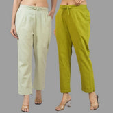 Combo of 2 Mint Green and Olive Green Cotton Flax Women Trouser Pants-11348