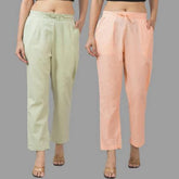 Combo of 2 Mint Green and Peach Cotton Flax Women Trouser Pants-11334