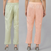 Combo of 2 Mint Green and Peach Cotton Flax Women Trouser Pants-11334