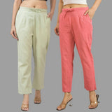 Combo of 2 Mint Green and Peach Cotton Flax Women Trouser Pants