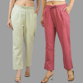 Combo of 2 Mint Green and Pink Cotton Flax Women Trouser Pants-11335