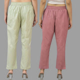 Combo of 2 Mint Green and Pink Cotton Flax Women Trouser Pants