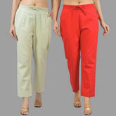 Combo of 2 Mint Green and Red Cotton Flax Women Trouser Pants-11350