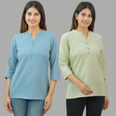 Combo of 2 Mint Green and Sky Blue Cotton Flax Women Top