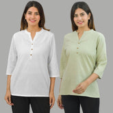 Combo of 2 Mint Green and White Cotton Flax Women Top