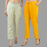 Combo of 2 Mint Green and Yellow Cotton Flax Women Trouser Pants-11354