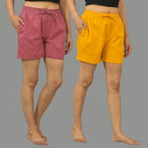 Combo of 2 Mustard Yellow and Dark Pink Cotton Women Shorts