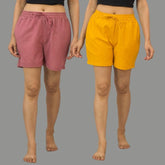 Combo of 2 Mustard Yellow and Pink Cotton Women Shorts