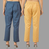 Combo of 2 Navy Blue and Beige Cotton Flax Women Trouser Pants-11430