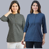 Combo of 2 Navy Blue and Black Cotton Checks and Stripe Women Top