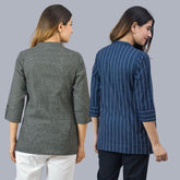 Combo of 2 Navy Blue and Black Cotton Checks and Stripe Women Top