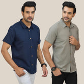 Combo of 2 Navy Blue and Gray Solid Cotton Men Shirt