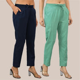 Combo of 2 Navy Blue and Green Cotton Flax Women Trouser Pant-10370