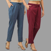 Combo of 2 Navy Blue and Maroon Cotton Flax Women Trouser Pants-11435