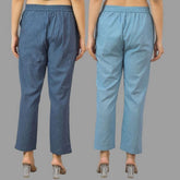 Combo of 2 Navy Blue and Sky Blue Cotton Flax Women Trouser Pants-11441