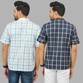 Combo of 2 Navy Blue and White Cotton Handloom Short Kurta-25340