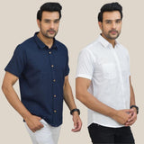 Combo of 2 Navy Blue and White Solid Cotton Men Shirt