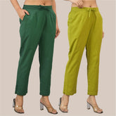 Combo of 2 Olive Green and Bottle Green Cotton Flax Women Trouser Pant-10344