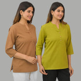 Combo of 2 Olive Green and Brown Cotton Flax Women Top