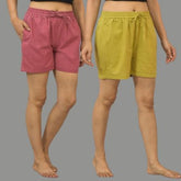 Combo of 2 Olive Green and Dark Pink Cotton Women Shorts