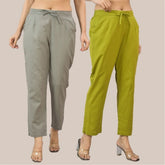 Combo of 2 Olive Green and Gray Cotton Flax Women Trouser Pant-10363