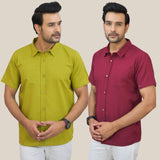Combo of 2 Olive Green and Maroon Solid Cotton Men Shirt