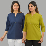 Combo of 2 Olive Green and Navy Blue Cotton Flax Women Top