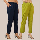 Combo of 2 Olive Green and Navy Blue Cotton Flax Women Trouser Pant-10389