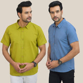 Combo of 2 Olive Green and Sky Blue Solid Cotton Men Shirt