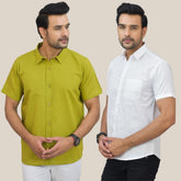 Combo of 2 Olive Green and White Solid Cotton Men Shirt
