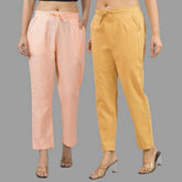 Combo of 2 Peach and Beige Cotton Flax Women Trouser Pants-11360