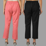 Combo of 2 Peach and Black Cotton Flax Women Trouser Pants