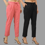 Combo of 2 Peach and Black Cotton Flax Women Trouser Pants
